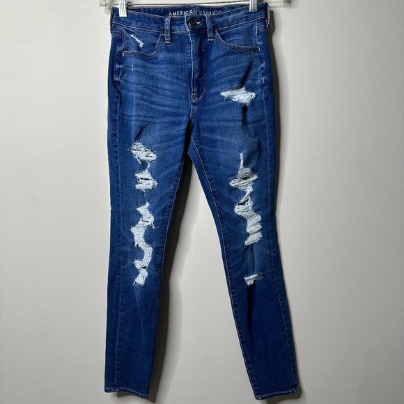 American Eagle Blue Distressed Super Hi-Rise Jegging Jeans Size 6 Regular - Picture 1 of 6